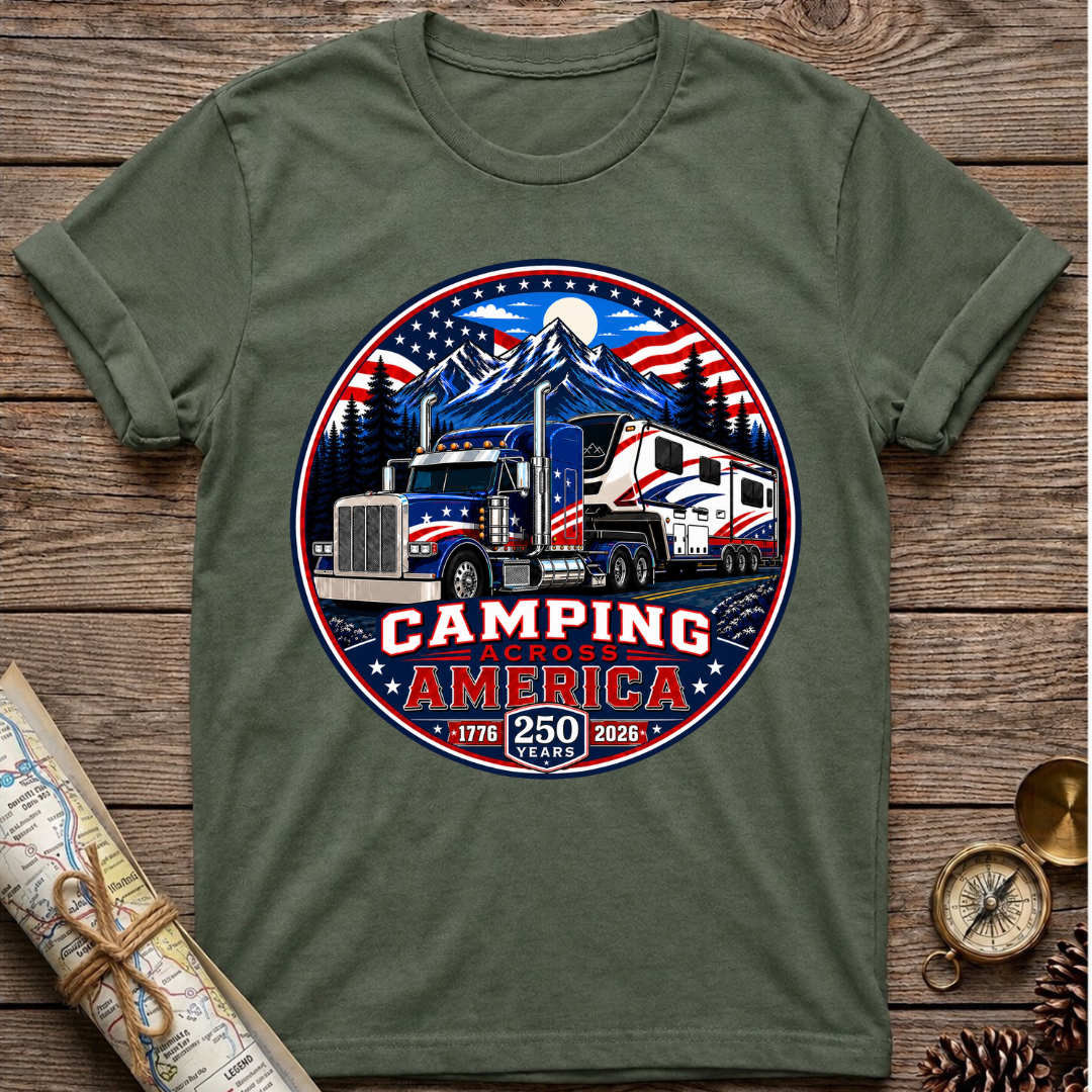 Camping Across America T‑Shirt — Patriotic RV & Semi Truck Graphic T-Shirt
