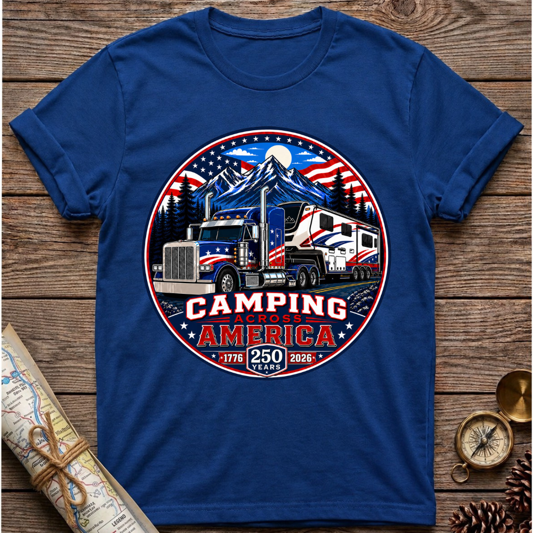 Camping Across America T‑Shirt — Patriotic RV & Semi Truck Graphic T-Shirt