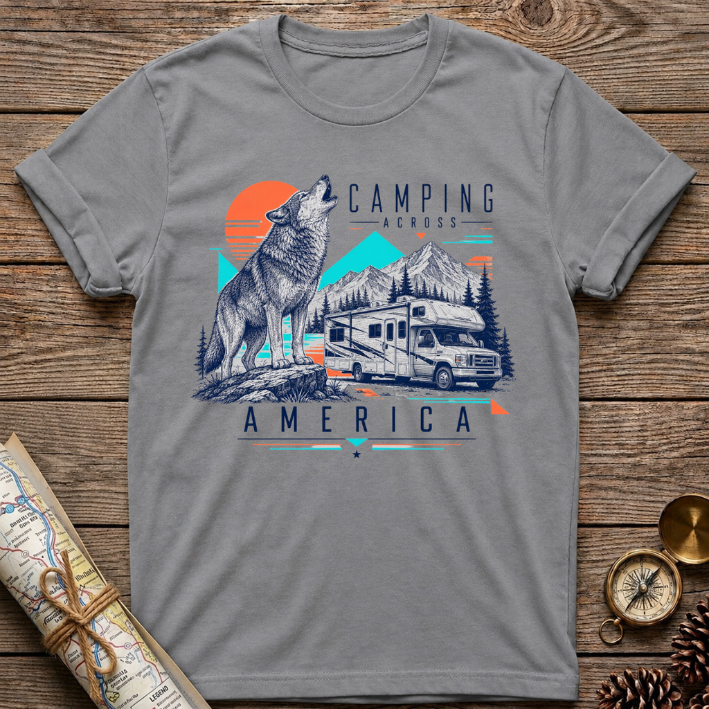 Camping Across America  With A Wolf T-Shirt
