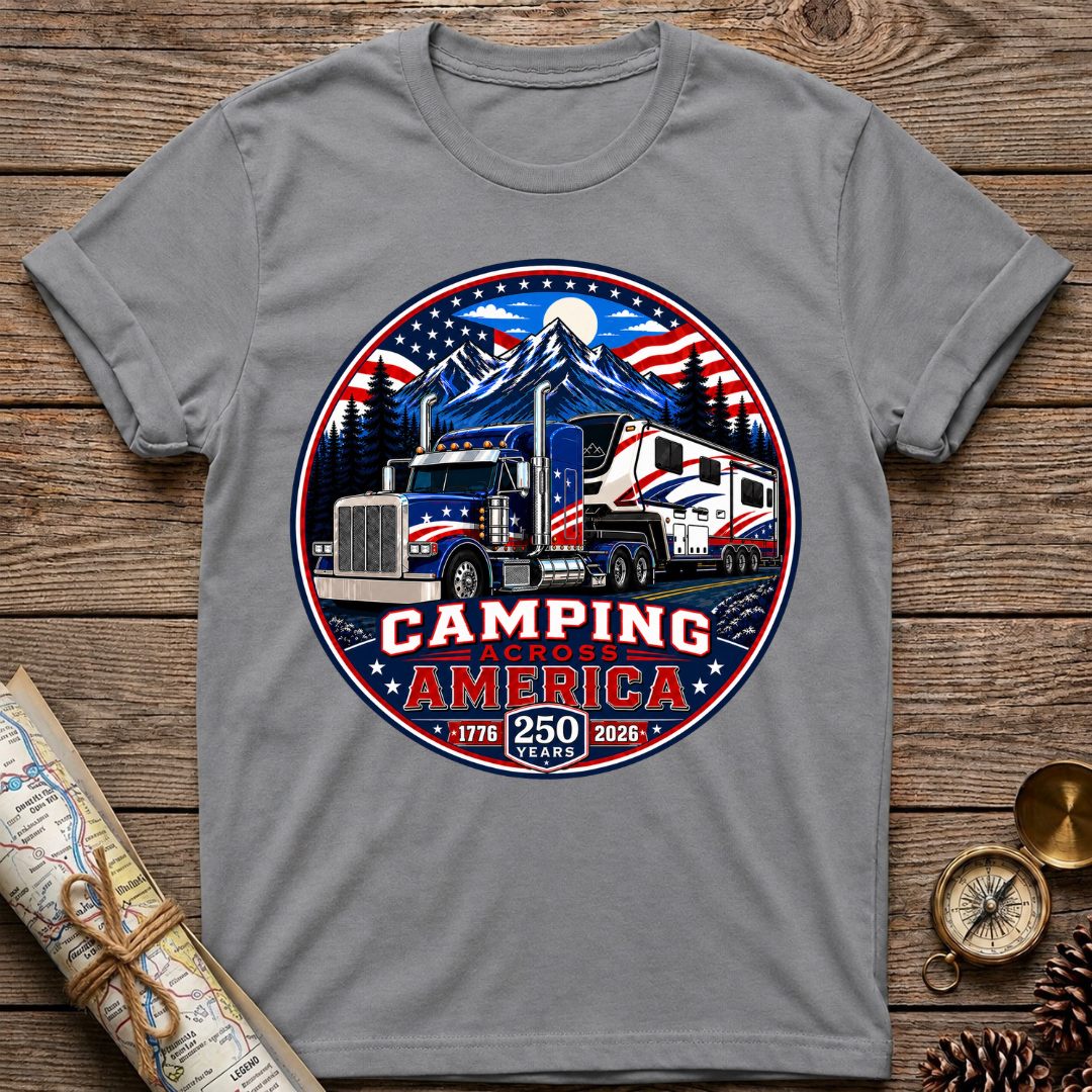 Camping Across America T‑Shirt — Patriotic RV & Semi Truck Graphic T-Shirt