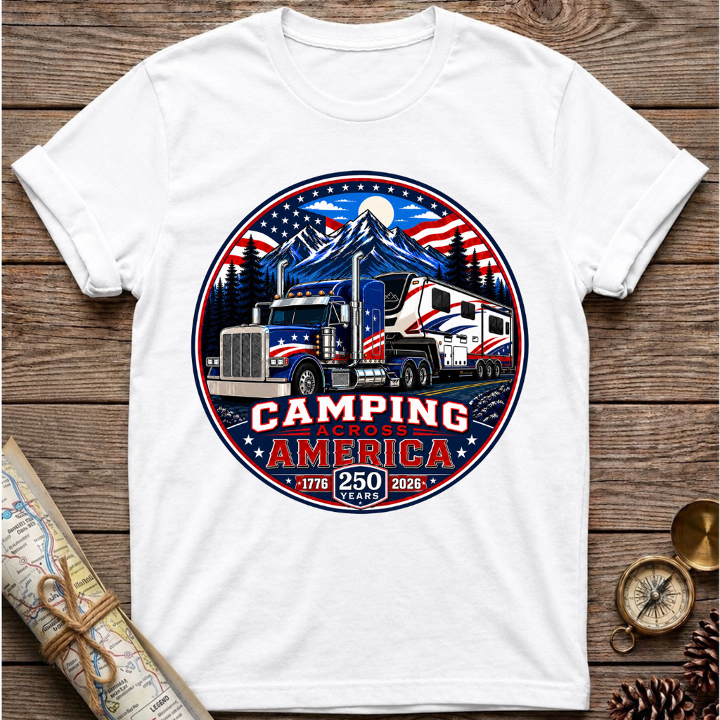 Camping Across America T‑Shirt — Patriotic RV & Semi Truck Graphic T-Shirt